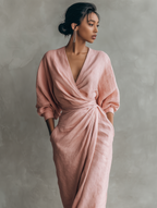 Taylor - Maxi Minimalistische Kleid in Rosa mit V-Ausschnitt aus Leinenmischung für Damen