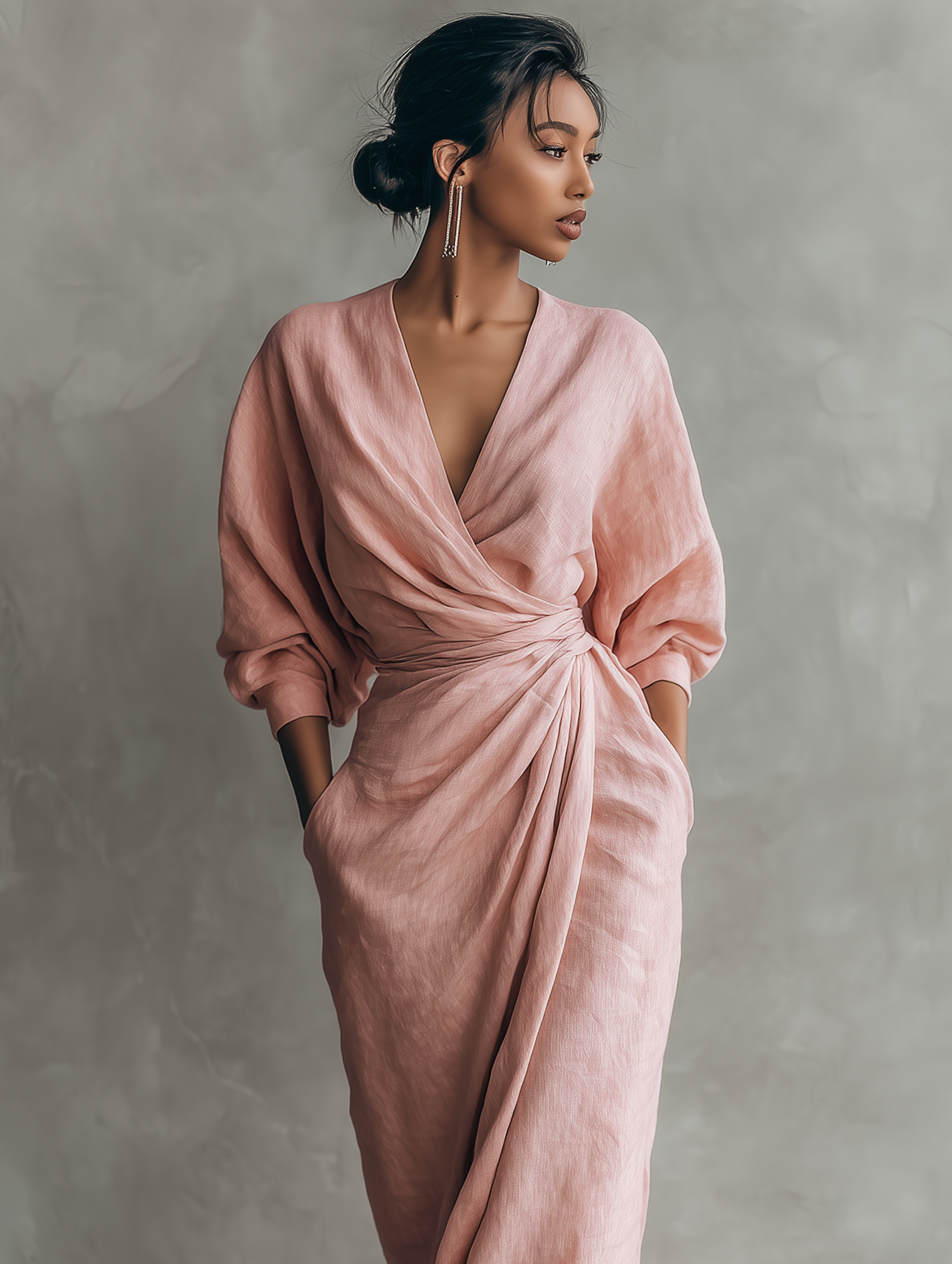 Taylor - Maxi Minimalistische Kleid in Rosa mit V-Ausschnitt aus Leinenmischung für Damen
