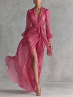 Roze Chiffon Jurk V-Hals