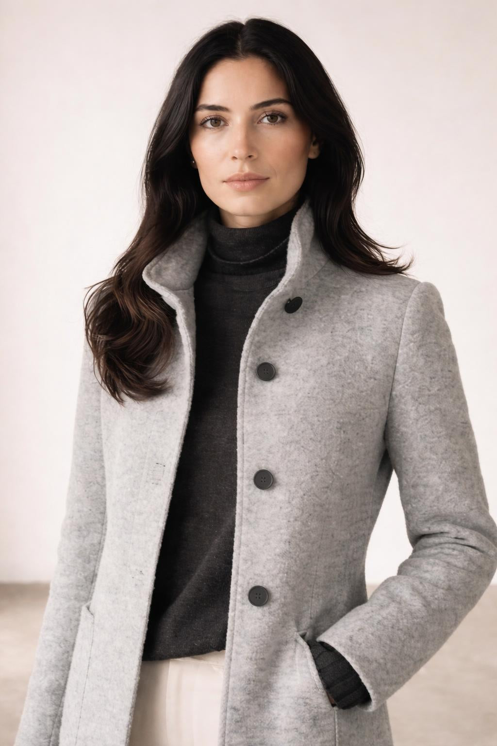 Close-up of the model wearing Megan - klassischer Mantel