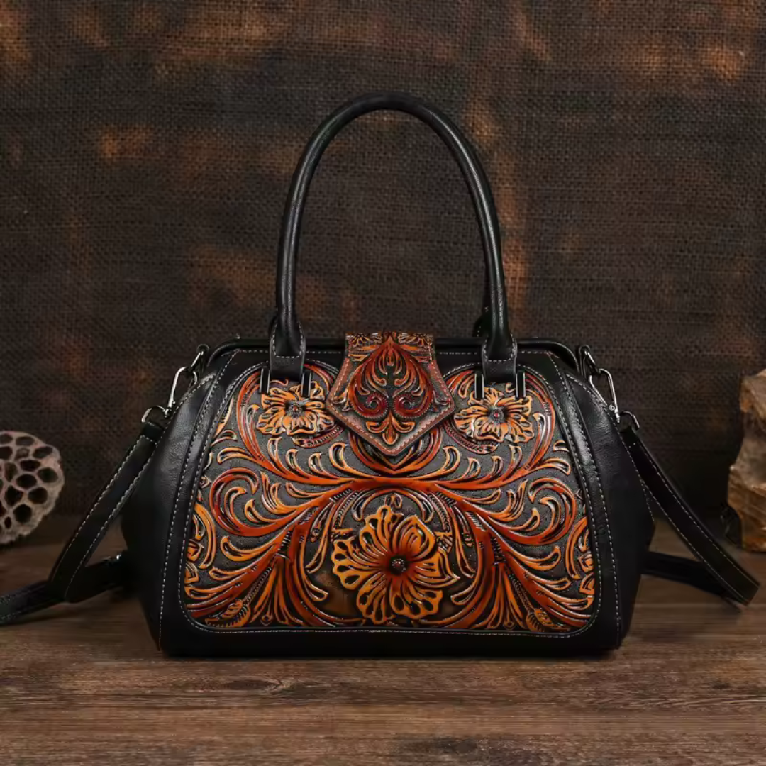 Florina - Gegravierte Lederhandtasche mit Blumenmuster