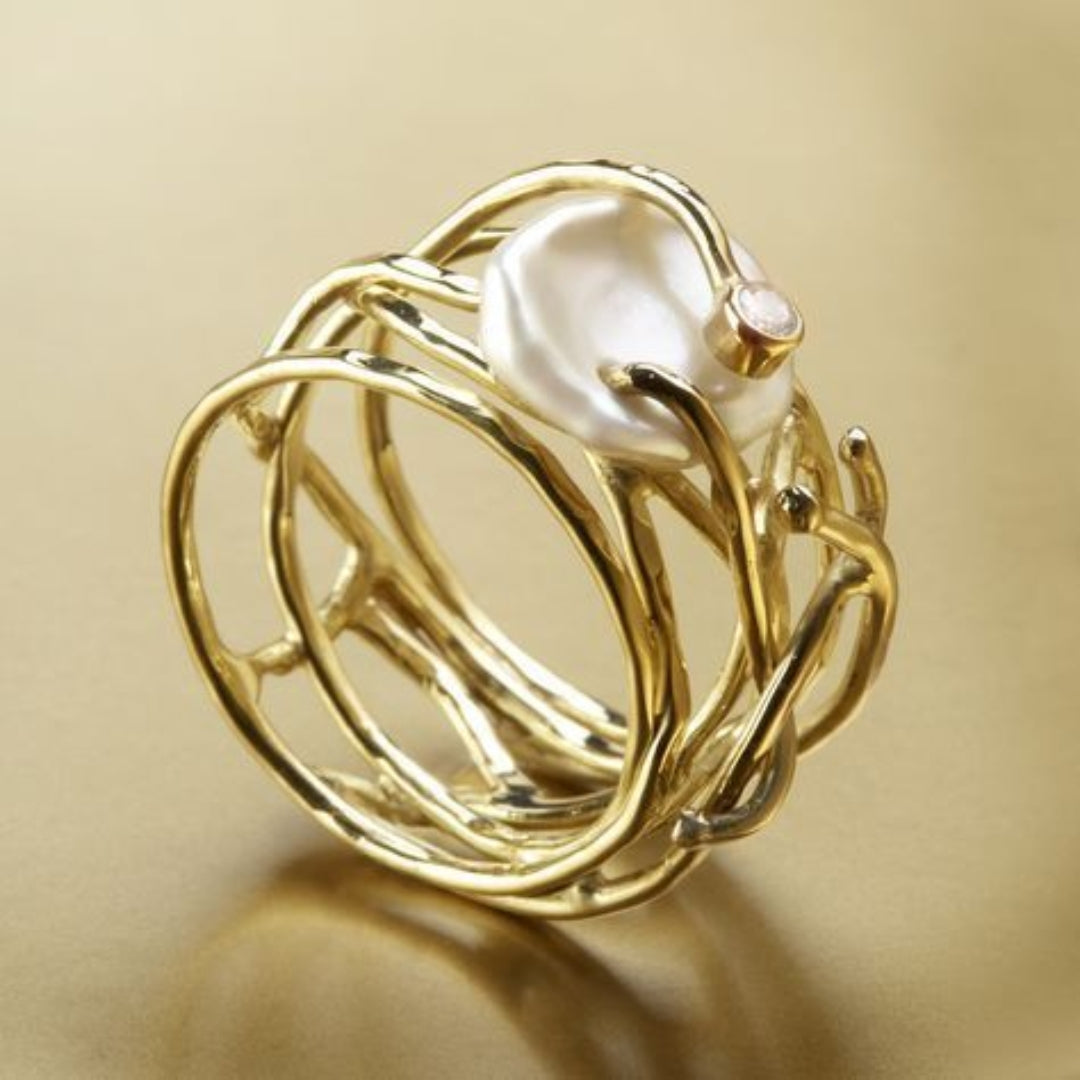 Vintage-stijl dunne gouden en parelring