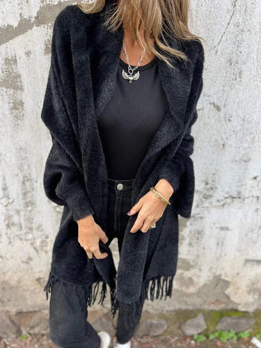 Greta - Casual vest met lange mouwen, franjes en gebreide sjaal