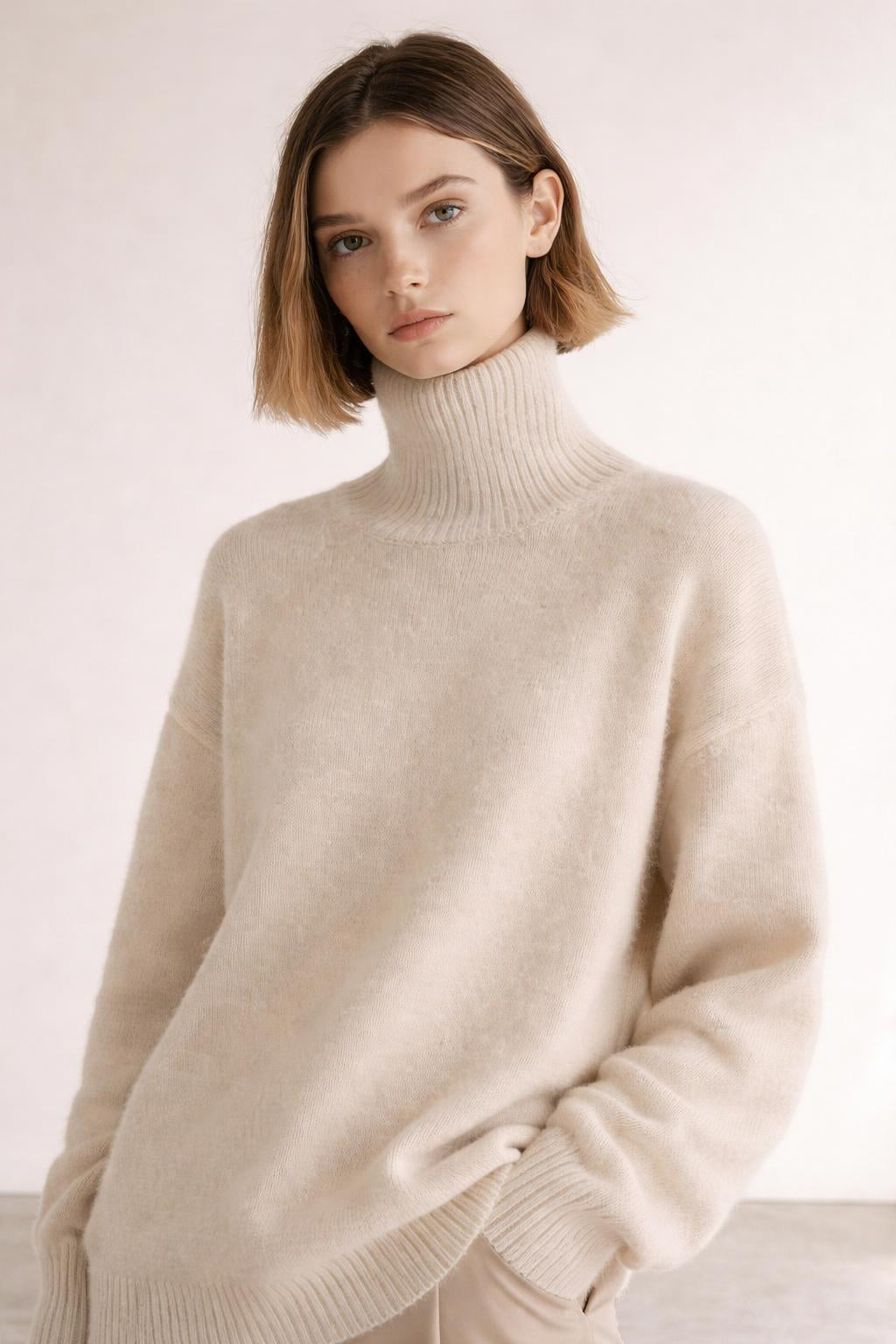 Close-up of the model wearing Juliette - Premium Feinstrick Rollkragen