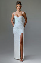 Ananke - Maxikleid mit Blumenapplikationen