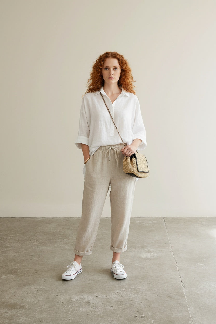 Full body view of the model wearing Hose reine Baumwolle einfarbig