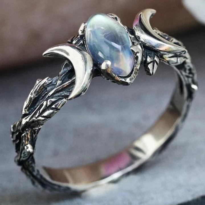 Vintage Kristal Maan Ring in Zilver