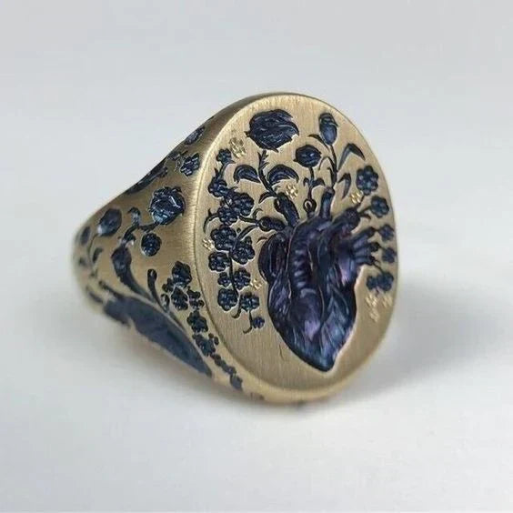 Vintage Blauwe Bloemen Gouden Ring
