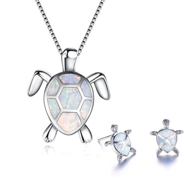 Opaal en zilveren halsketting en oorbellen set met zeeschildpad