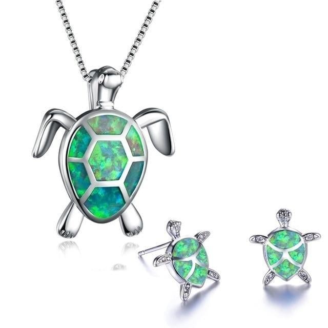 Opaal en zilveren halsketting en oorbellen set met zeeschildpad