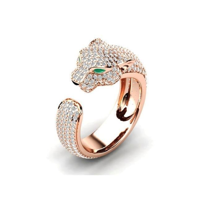 Verstelbare Jaguarring van 18K zilver en 18K roségoud met groene zirkonia-ogen