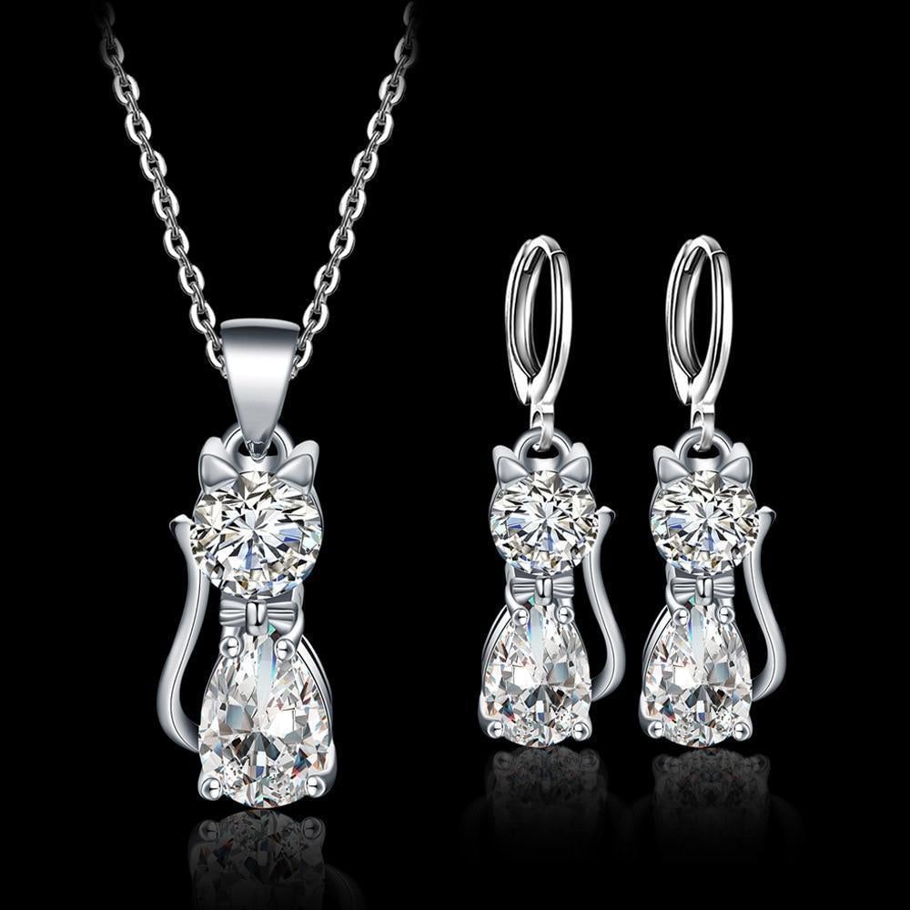 Set halsketting + oorbellen Happy Cats van sterling zilver en gepolijste witte zirkonen
