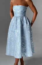Tyche - Jacquard midi-jurk met blote schouders