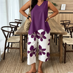 Set aus asymmetrischem Damenoberteil und Caprihose mit Blumenmuster – vielseitig, farbenfroh, bequem 🌺