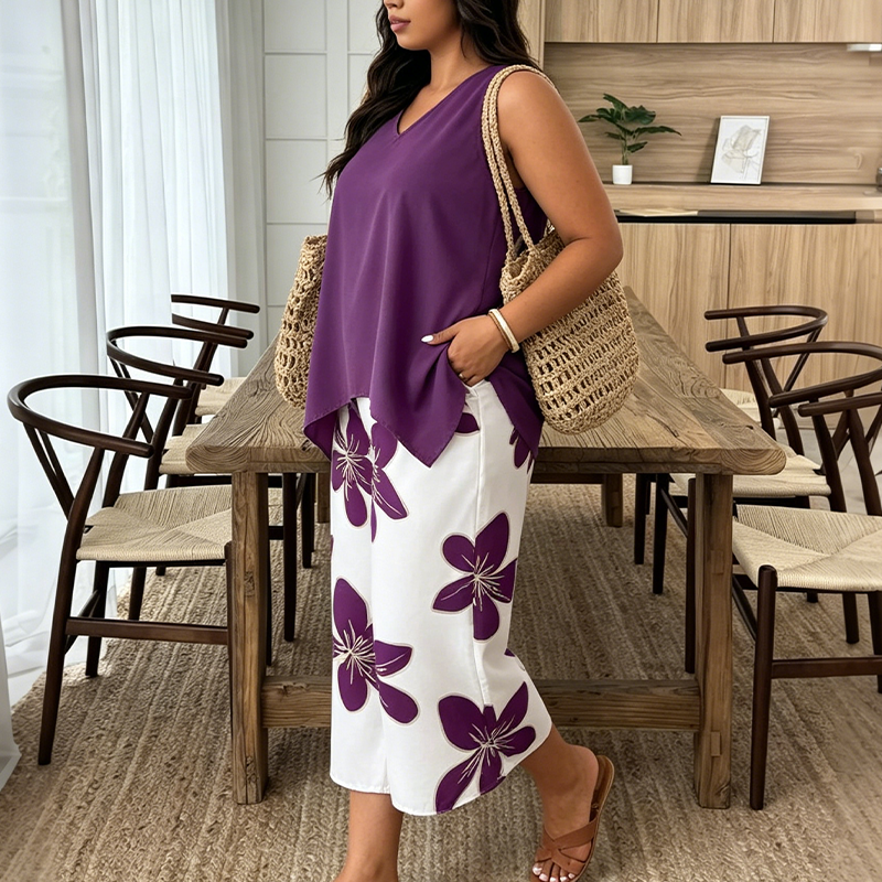 Set aus asymmetrischem Damenoberteil und Caprihose mit Blumenmuster – vielseitig, farbenfroh, bequem 🌺