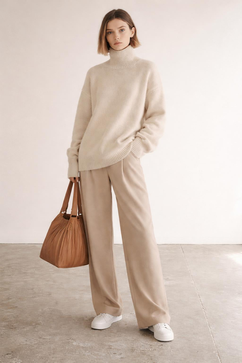 Full body view of the model wearing Juliette - Premium Feinstrick Rollkragen