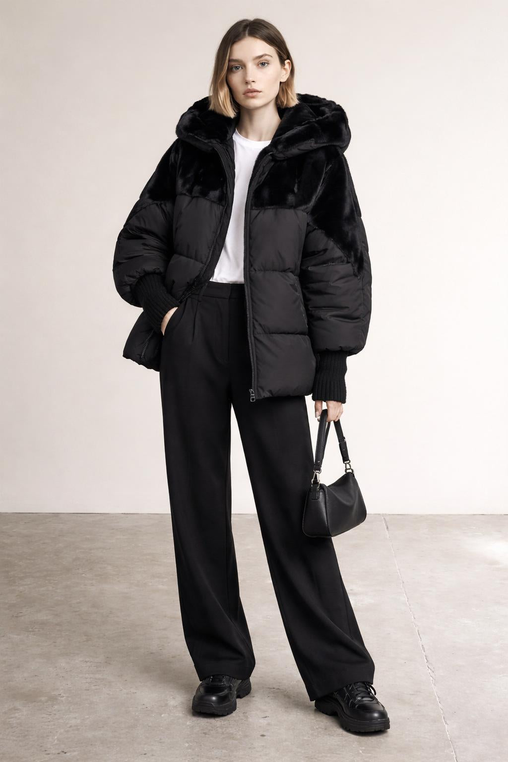 Full body view of the model wearing Yohan - Patchwork-Puffer mit Kapuze